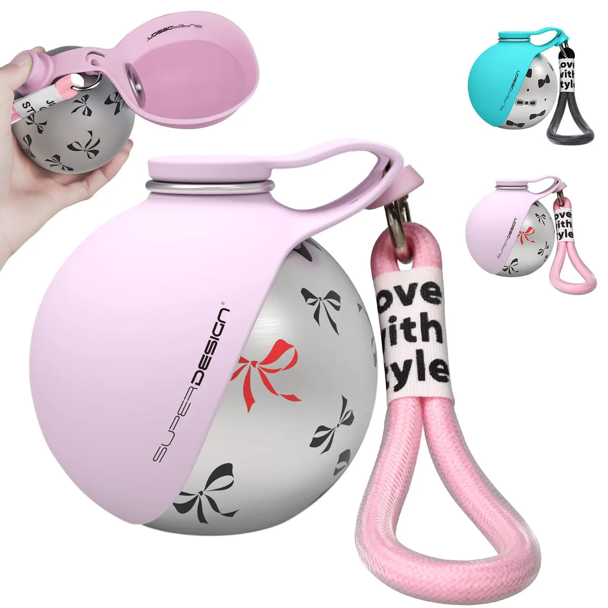 Pink and silver pet waste bag holder with a keychain on a white background