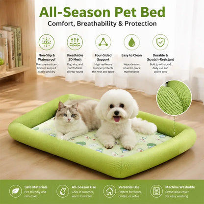 Green pet bed with a cat and dog on it, featuring text about its features.