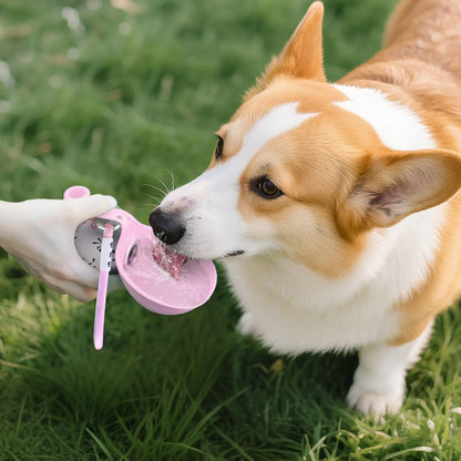 Dog drinking from a pink water bottle held by a person in a grassy outdoor setting