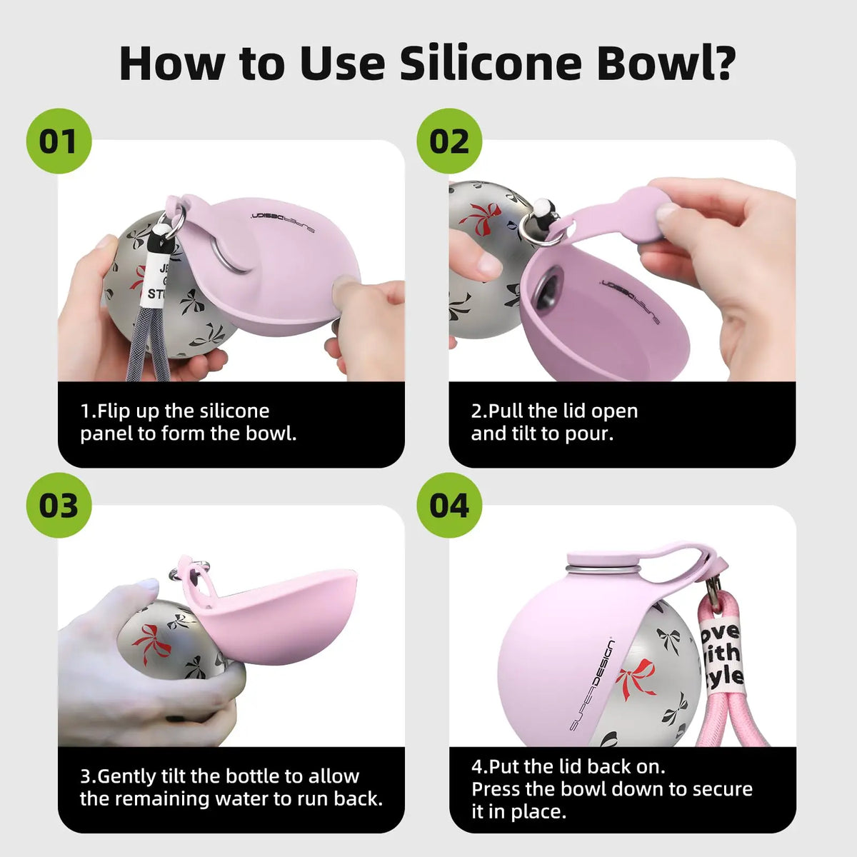 Instructions on how to use a silicone bowl with a bottle.