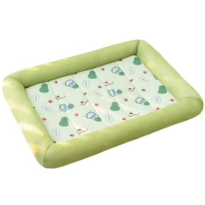 Green pet bed with a patterned mat on a white background