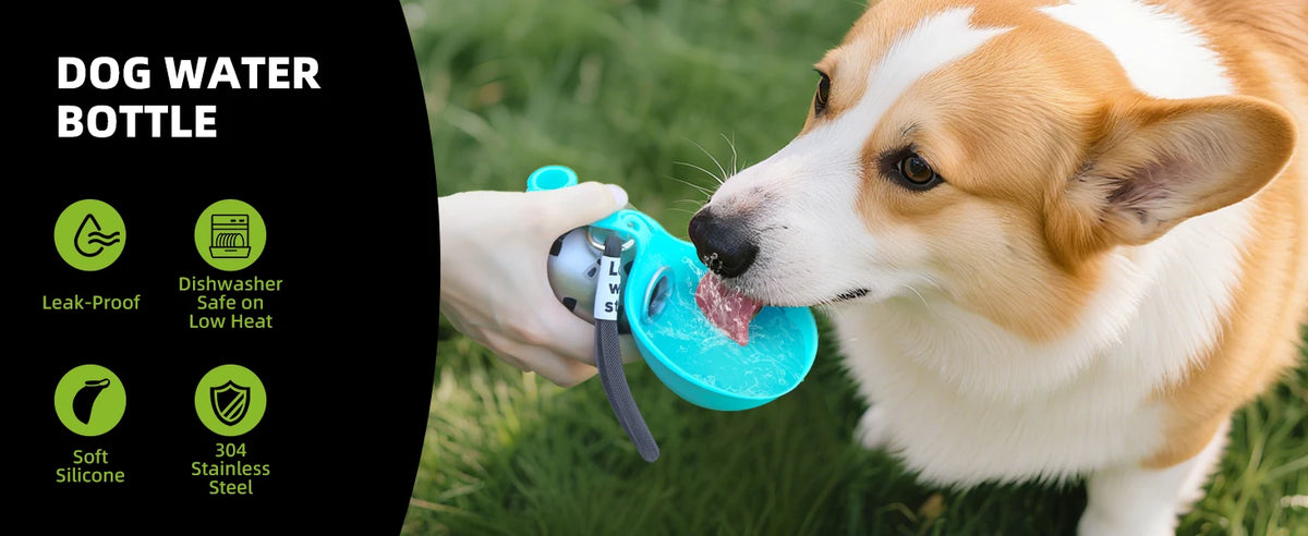 Dog drinking from a blue dog water bottle with product features on a black background