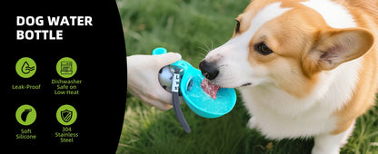 Dog drinking from a blue dog water bottle with product features on a black background