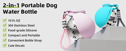 2-in-1 Portable Dog Water Bottle with pink and blue designs on a gray background