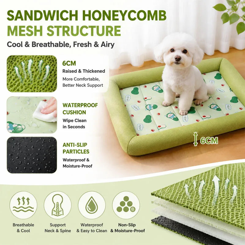 Pet bed with honeycomb mesh structure, showing a dog on it, and features listed.