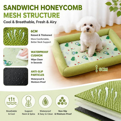 Pet bed with honeycomb mesh structure, showing a dog on it, and features listed.