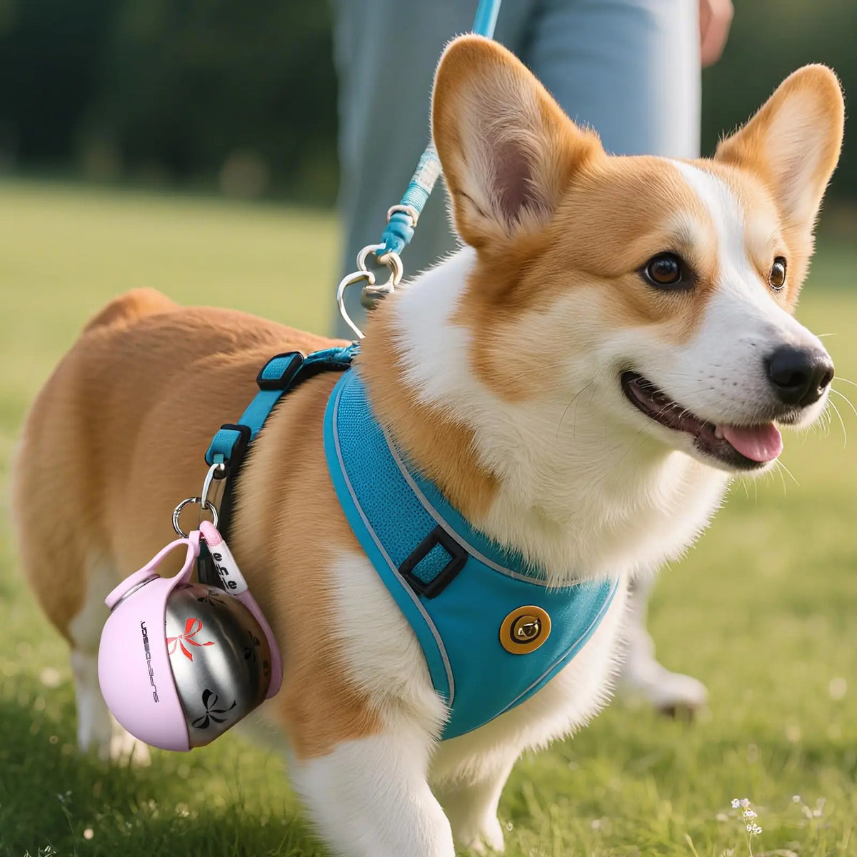 Corgi wearing a blue harness with a purple bell in a grassy field