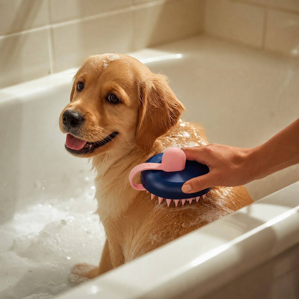 A golden retriever dog sitting in a foamy bathtub while a person uses a blue and pink pet shampoo brush on its back. The background shows a beige tiled bathroom wall.