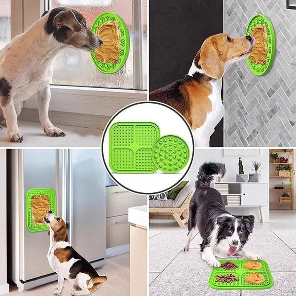 Collage of dogs interacting with a green pet puzzle toy in various settings.