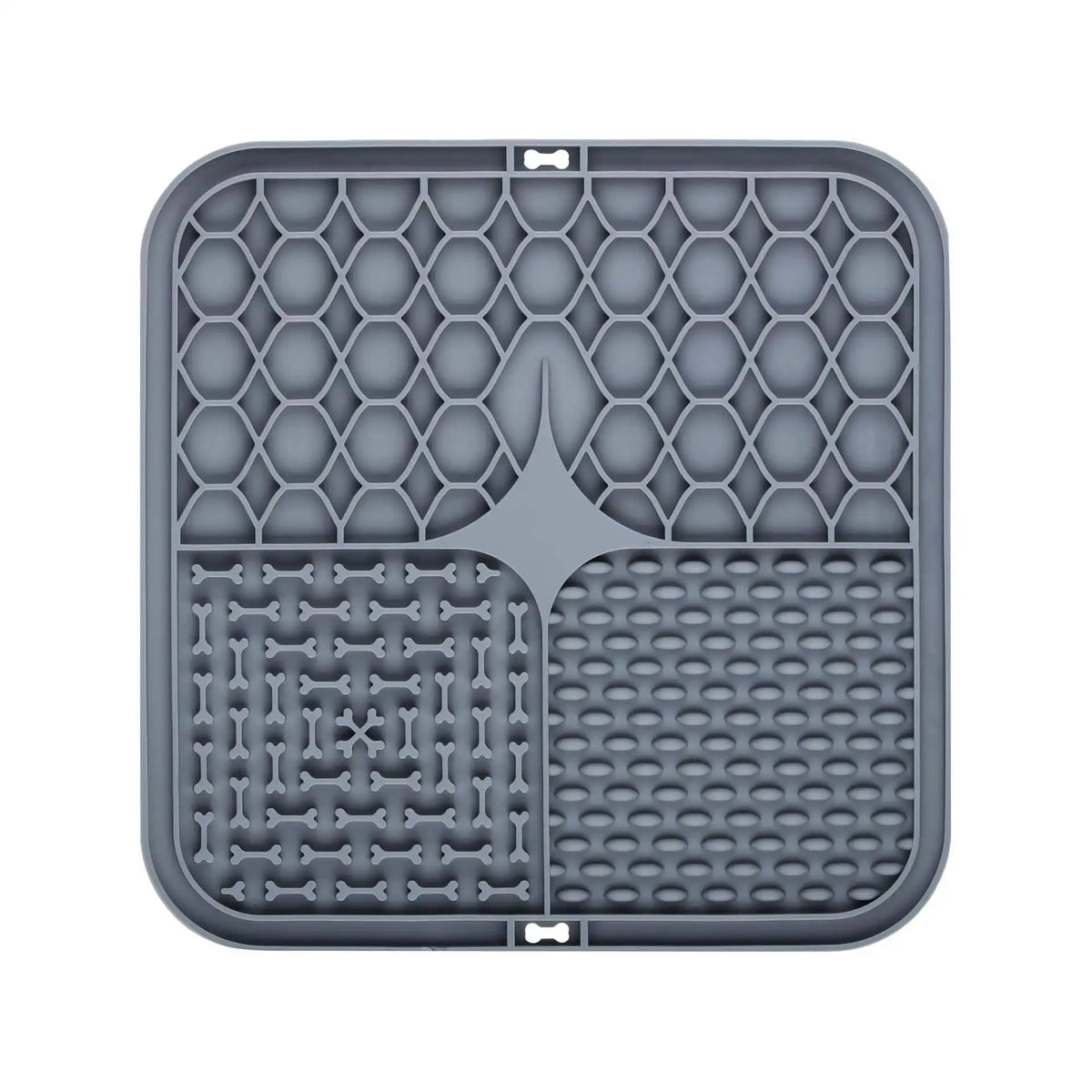 Gray car mat with bone and paw print patterns on a white background