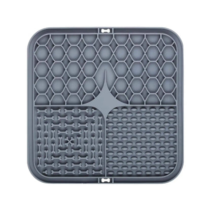 Gray car mat with bone and paw print patterns on a white background