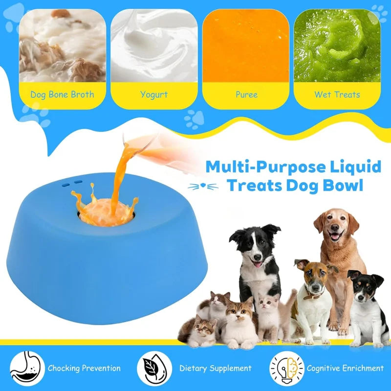 Blue liquid dispenser for pet treats with images of pet food types and breeds below.