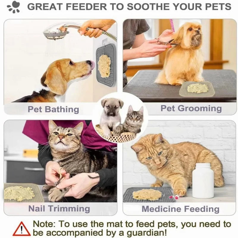 Collage of pet care activities with text about a feeder mat.