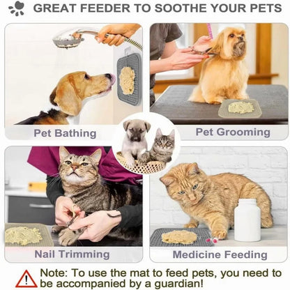 Collage of pet care activities with text about a feeder mat.