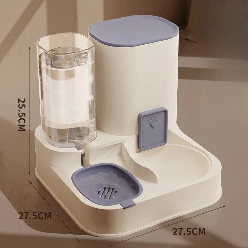 Pet feeding and water station with dimensions on a neutral background