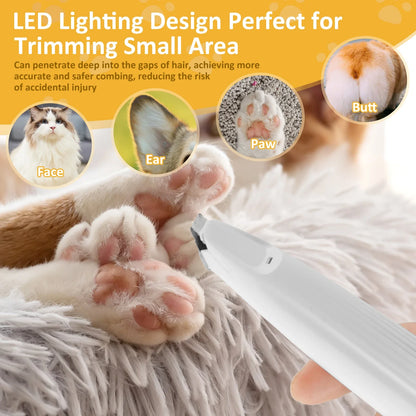Pet grooming tool with LED lighting for precise trimming, shown on a fluffy surface with a cat and close-up of paws.