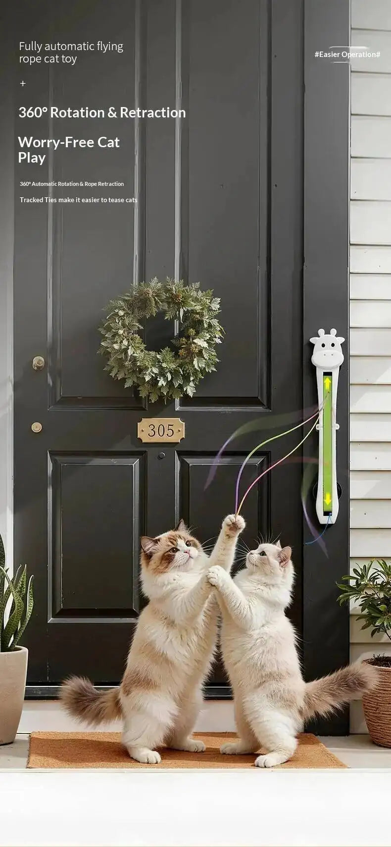 Two cats play with a wand toy in front of a dark front door, with the toy attached to a vertical thermometer-style holder on the door. Text on the left reads 'Fully automatic flying rope cat toy' and '360° Rotation & Retraction' and 'Worry-Free Cat Play.