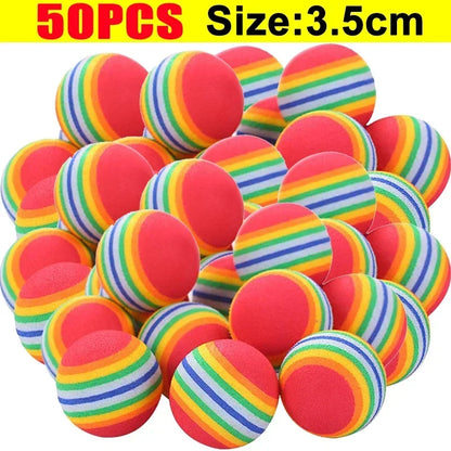 50 colorful striped balls with red and multicolor stripes on a white background.