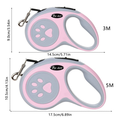Pink and gray retractable pet leash with paw design and measurements on a white background