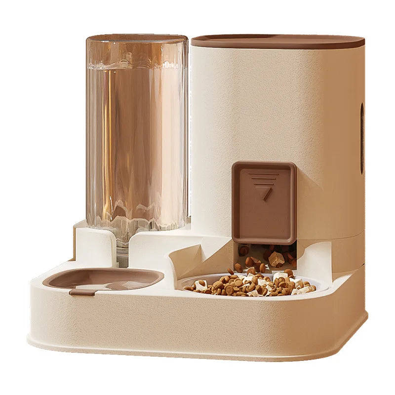 Pet feeding and water station with food and water containers on a white background