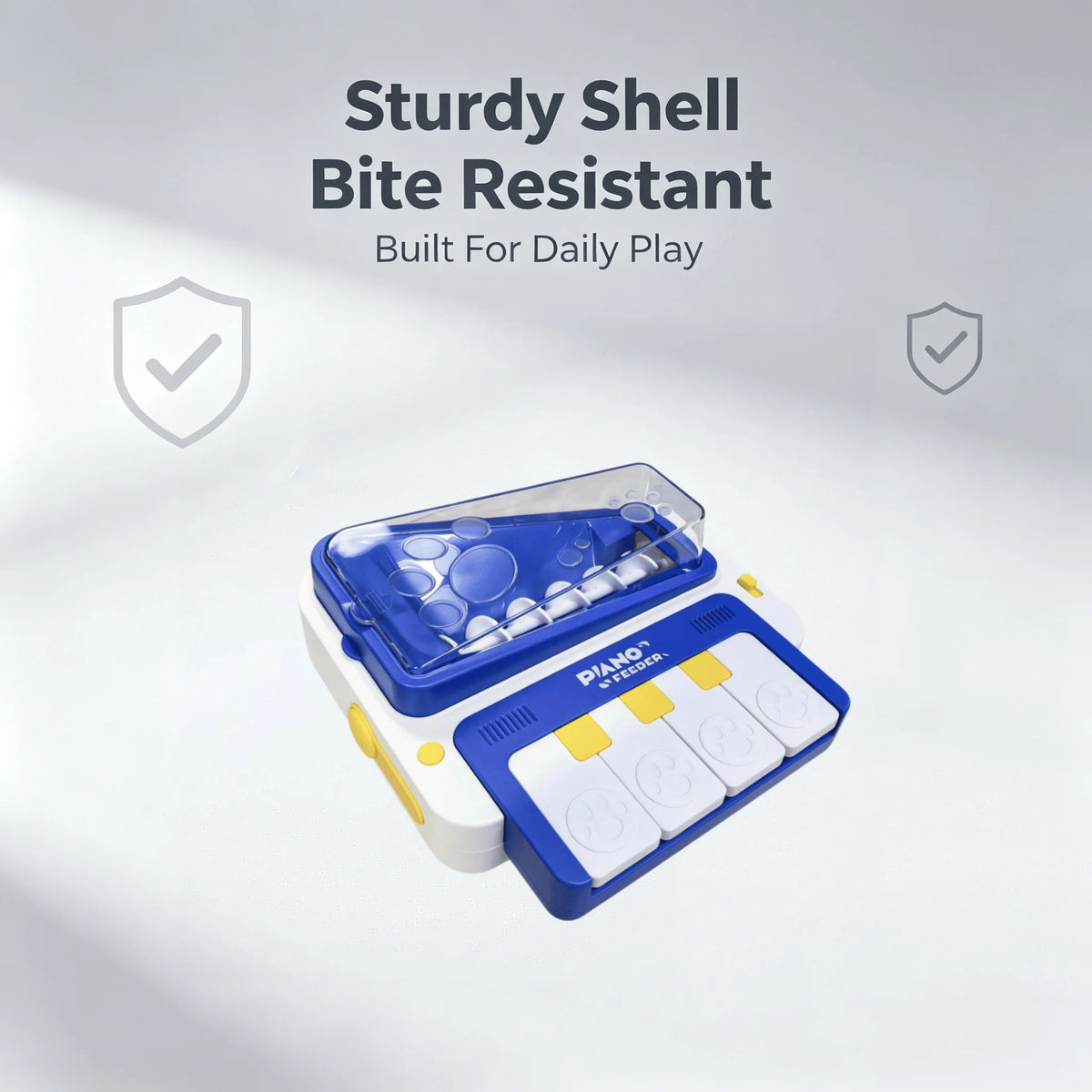 A blue and white dental storage case with a clear lid, shown open with tooth trays inside. The case has yellow accents and the words 'Piano + White' printed on the front.