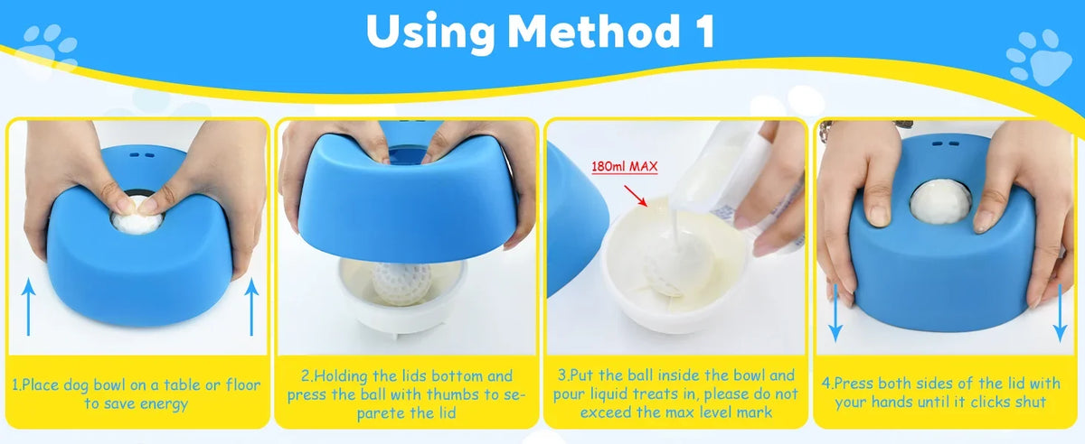 Step-by-step guide on using a blue pet toy with text 'Using Method 1' at the top.