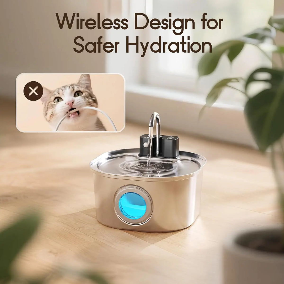 Pet water fountain with wireless design for safer hydration, shown on a wooden surface.