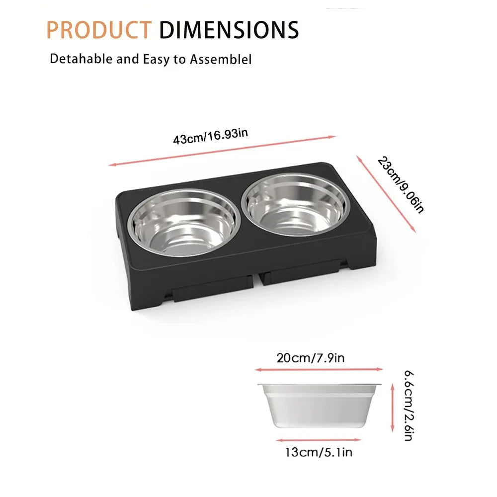 Elevated dog feeder product dimensions showing detachable and easy to assemble design