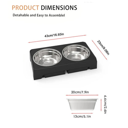 Elevated dog feeder product dimensions showing detachable and easy to assemble design