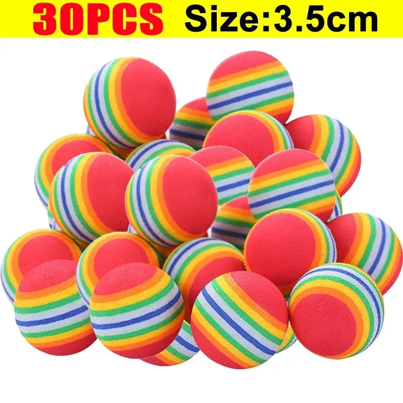 Colorful striped balls with '30PCS Size: 3.5cm' text on a white background