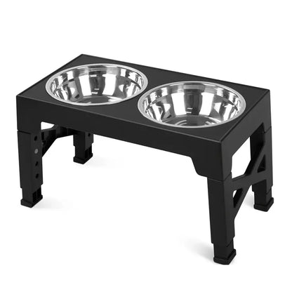 Black elevated dog feeder stand with two removable stainless steel bowls