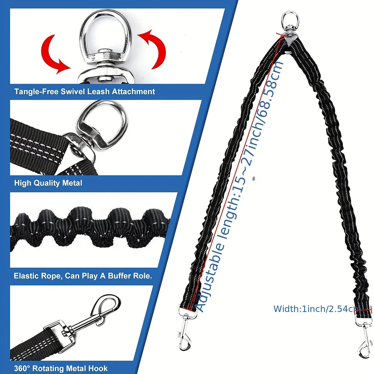 Black bungee leash with features highlighted on a blue and white background