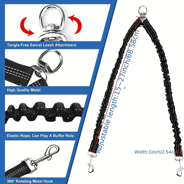 Black bungee leash with features highlighted on a blue and white background