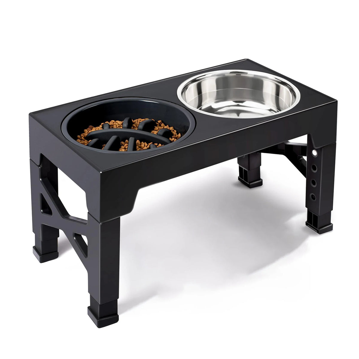 Elevated dog feeder stand with kibble in stainless steel bowl for mess free feeding