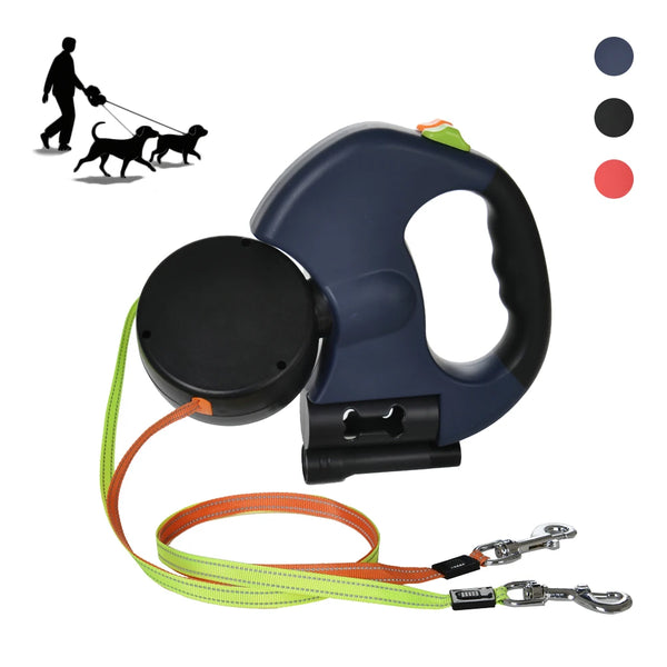 Retractable dog leash with handle and colorful leashes on a white background