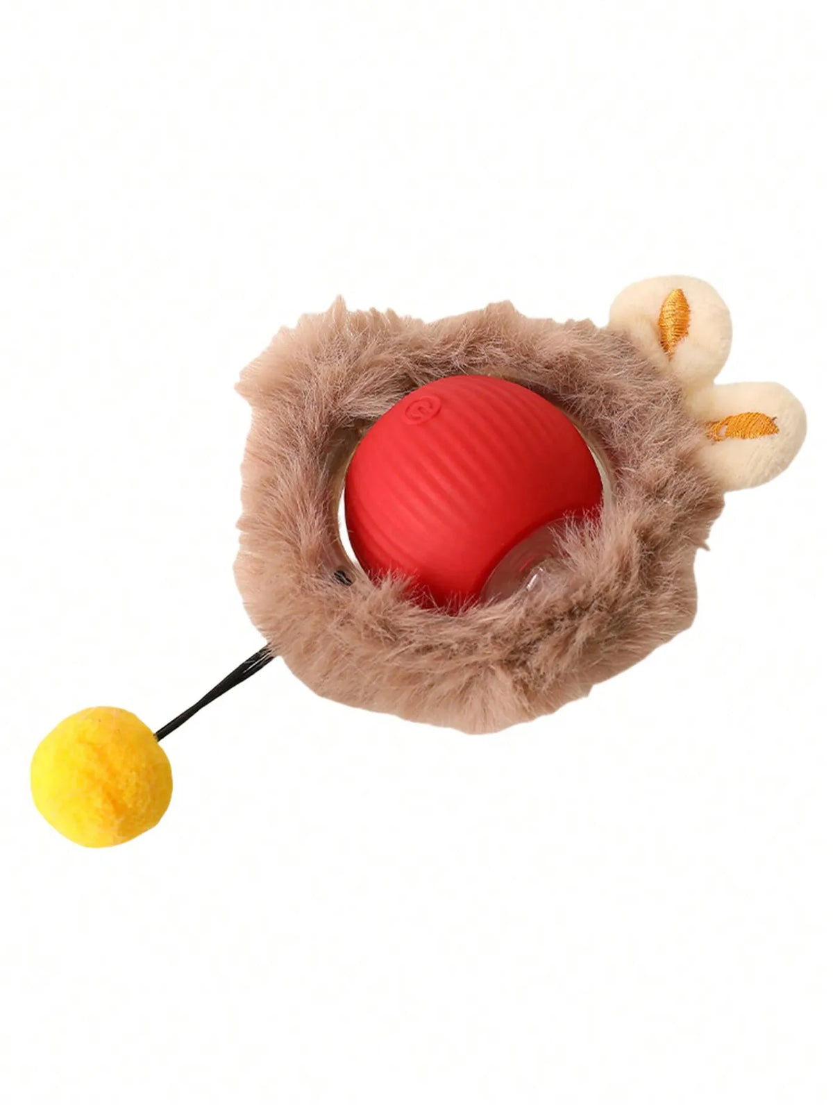 A plush toy or pet toy with a brown fuzzy nest-like body, a red oval center, cream-colored ear details, and a yellow pom-pom on a black string, shown on a plain white background.