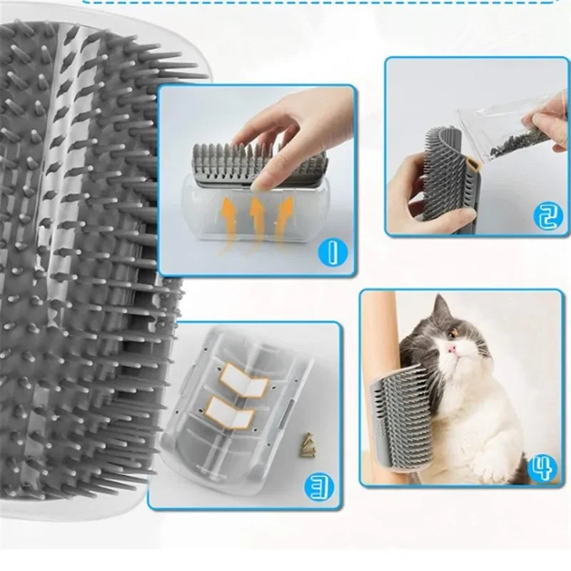 Pet grooming brush with close-up details and a cat using it.