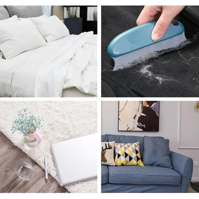 Collage of a cleaning tool being used on a surface, with a bed, couch, and other household items in the background.