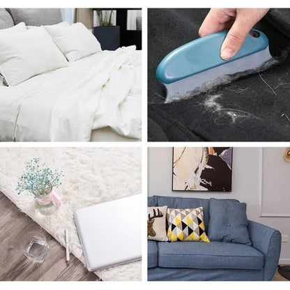 Collage of a cleaning tool being used on a surface, with a bed, couch, and other household items in the background.