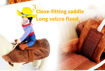 Child's toy horse with close-fitting saddle and long velcro fixed, featuring a cowboy figure.
