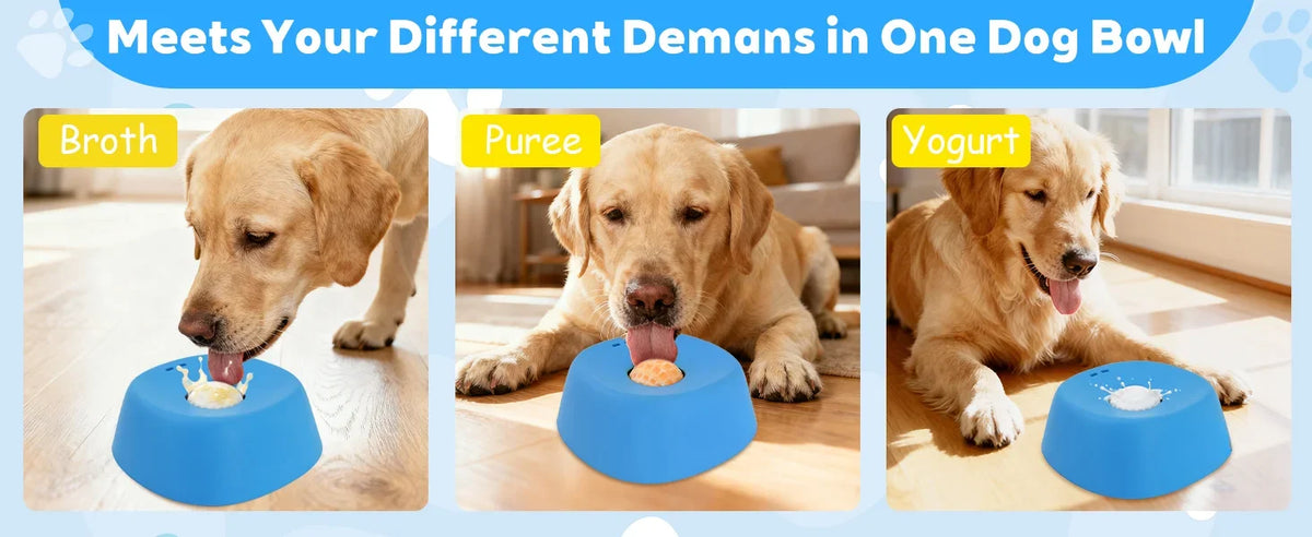 Three images of a dog with a blue bowl labeled 'Broth', 'Puree', and 'Yogurt'.