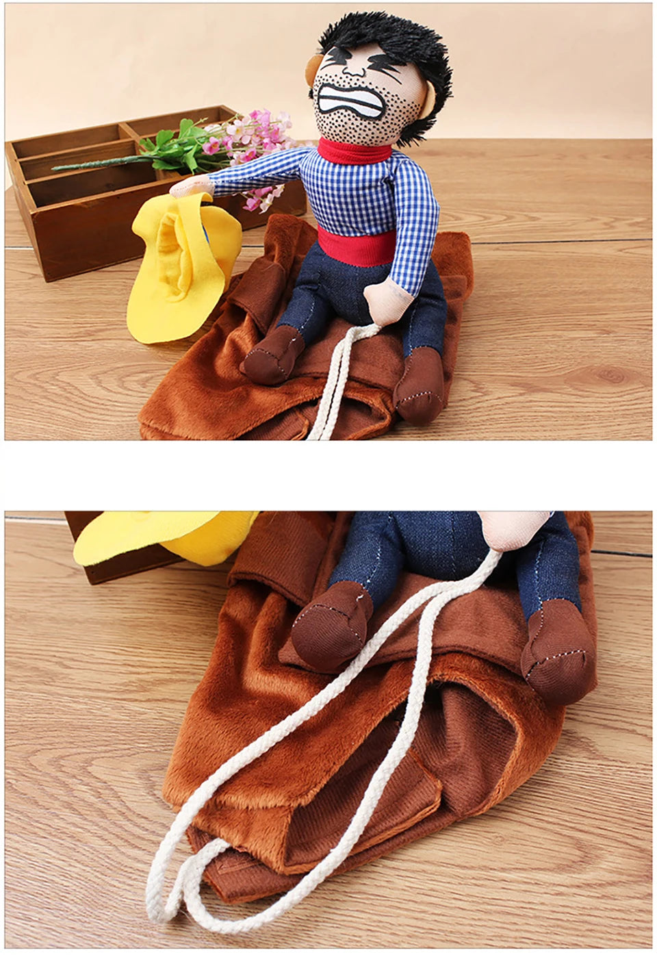 Toy figure of a person with a rope, sitting on a brown blanket on a wooden surface.