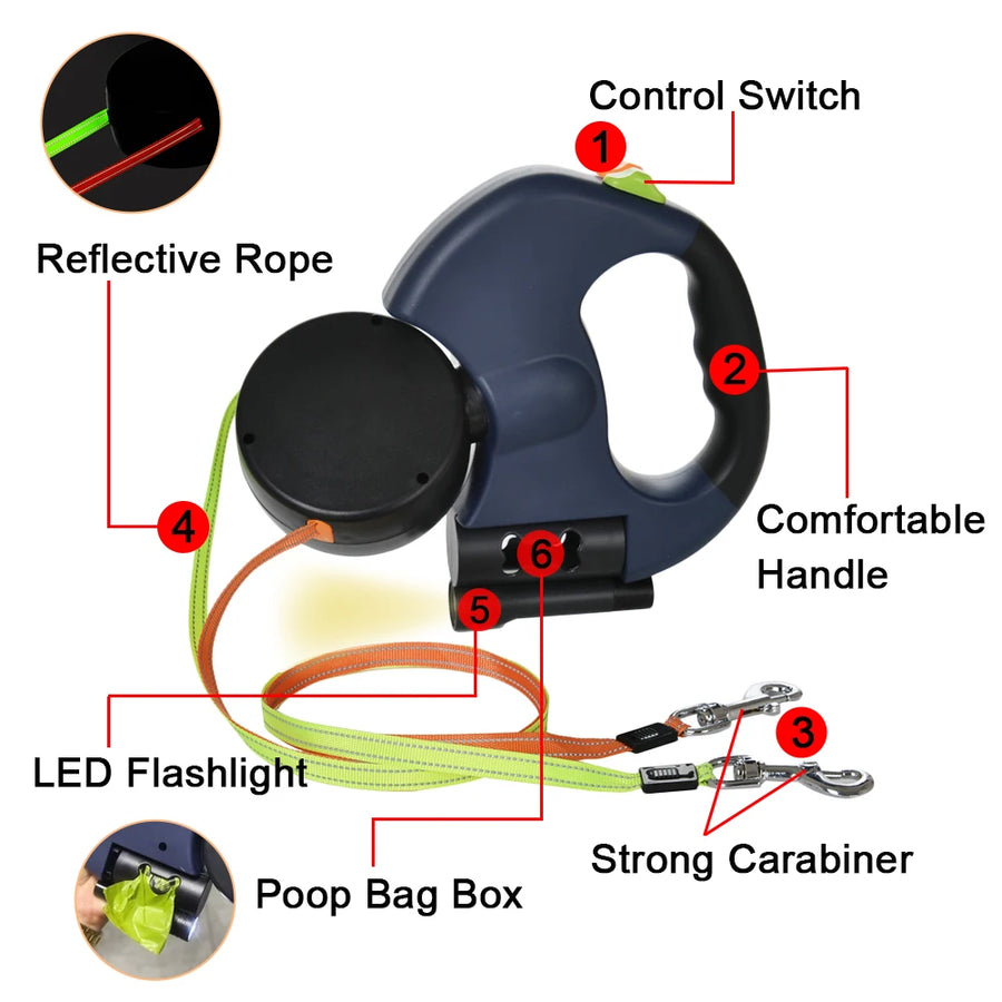 Dual Dog Leash with LED Flashlight – Retractable Leash for 2 Dogs