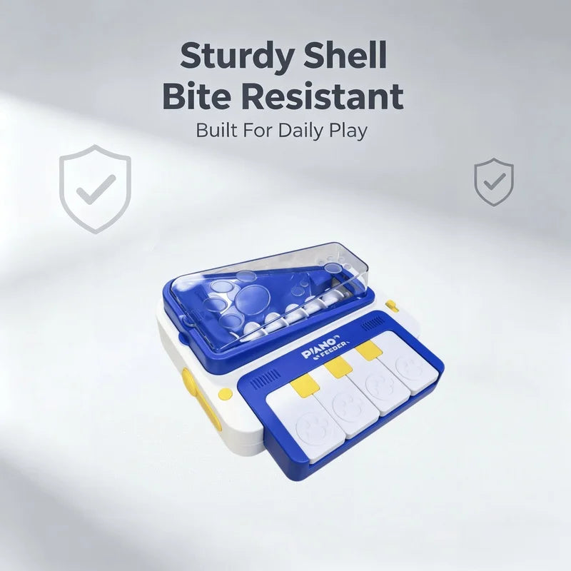 A blue and white piano accessory case with a clear lid, shown on a light gray background with promotional text reading 'Sturdy Shell Bite Resistant' and 'Built For Daily Play.'.