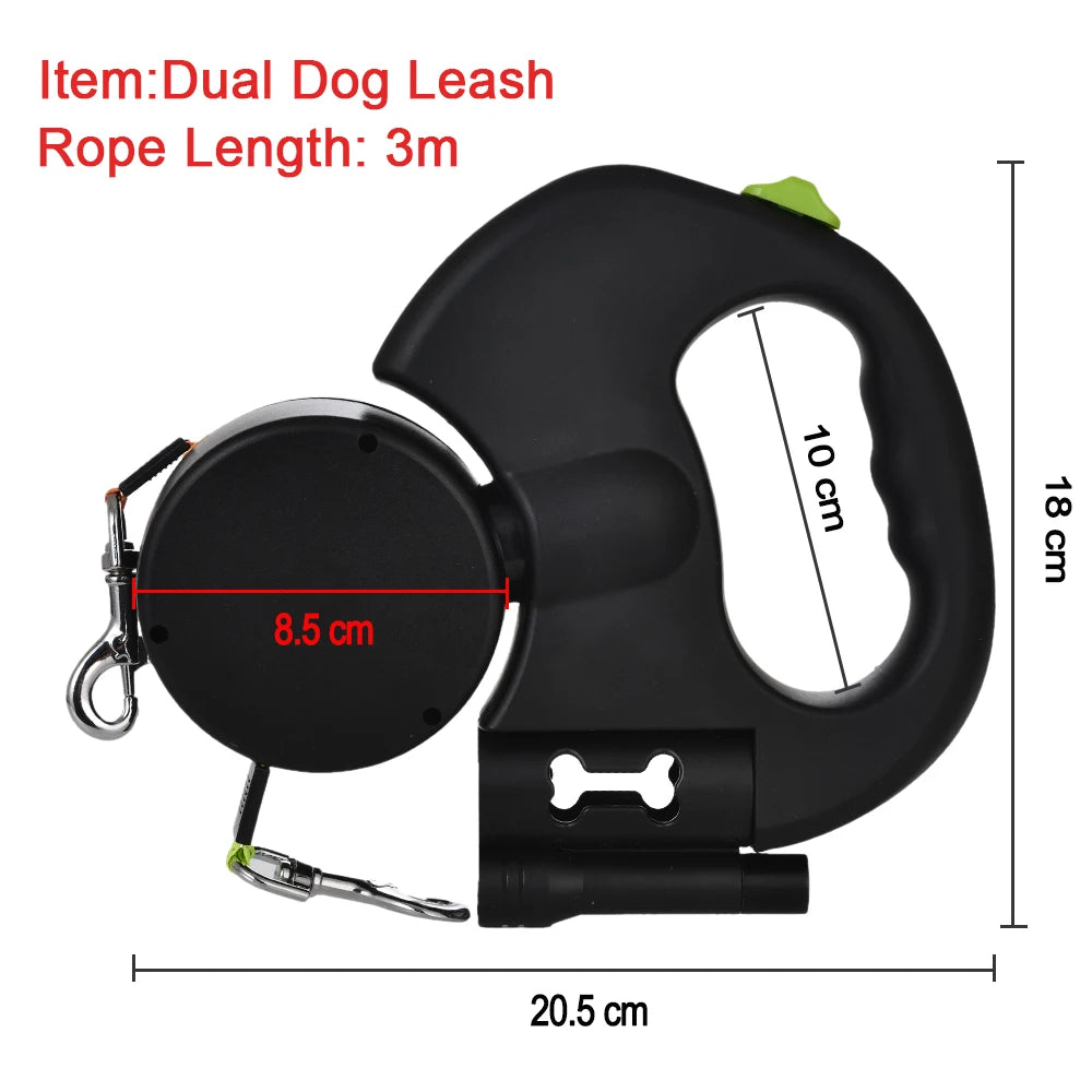 Black dual dog leash with measurements on a white background
