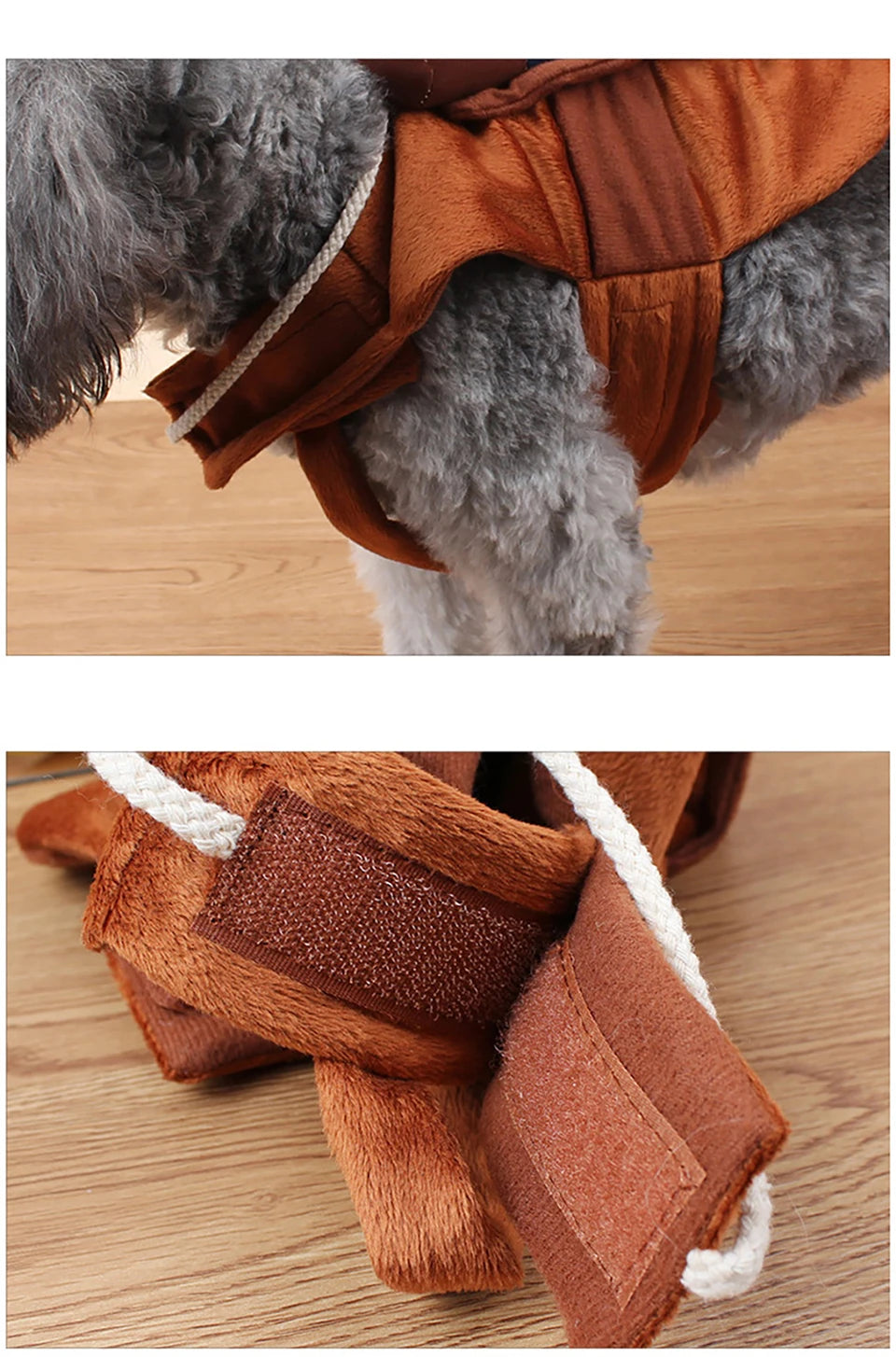 Dog wearing a brown sweater on a wooden floor