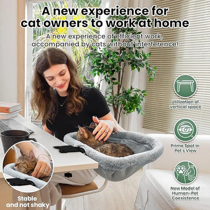 Woman with a cat in a pet seat at a desk, with text about a new experience for cat owners to work at home.