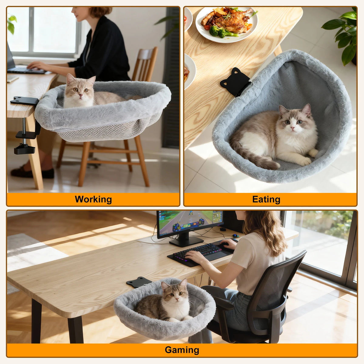 Cat using a pet bed in various settings: working, eating, and gaming.