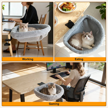 Cat using a pet bed in various settings: working, eating, and gaming.