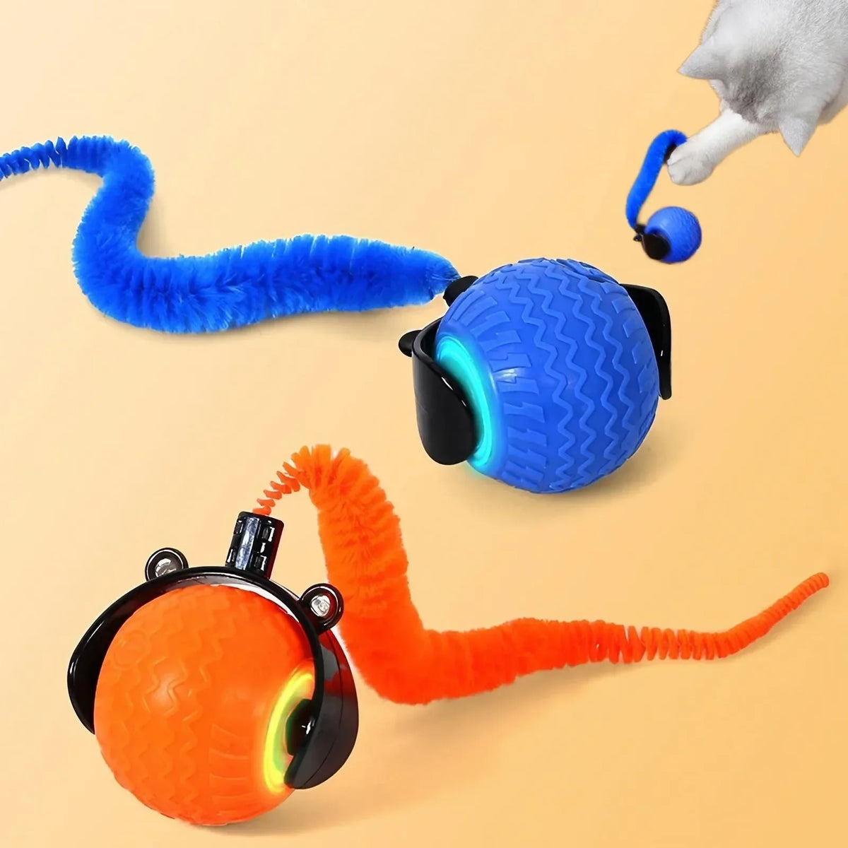 Blue and orange automatic rotating smart LED cat balls with moving tail toy